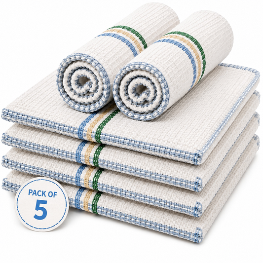 100% Cotton Dish Cloths Pack of 5 – Antibacterial, Highly Absorbent Kitchen Cleaning Cloths, Reusable Washing Up Dishcloths & Tea Towels